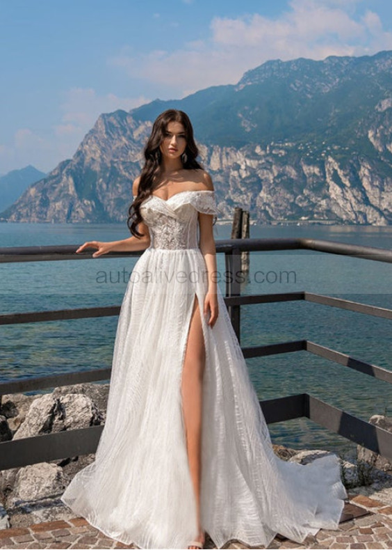 Beaded Ivory Lace Tulle Off Shoulder Slit Wedding Dress